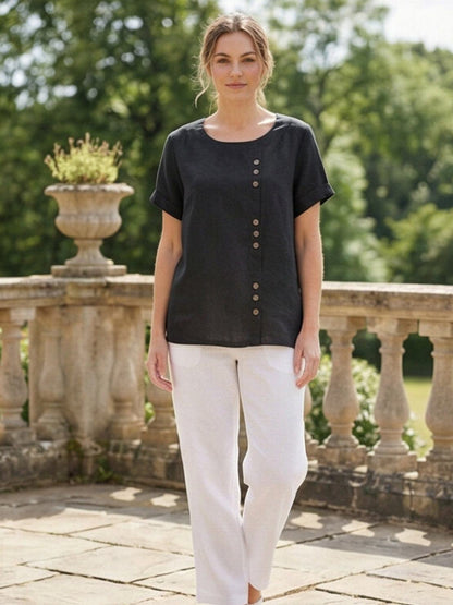 Women’s Linen Round Neck Button Blouse