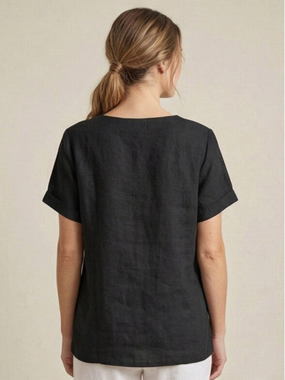 Women’s Linen Round Neck Button Blouse