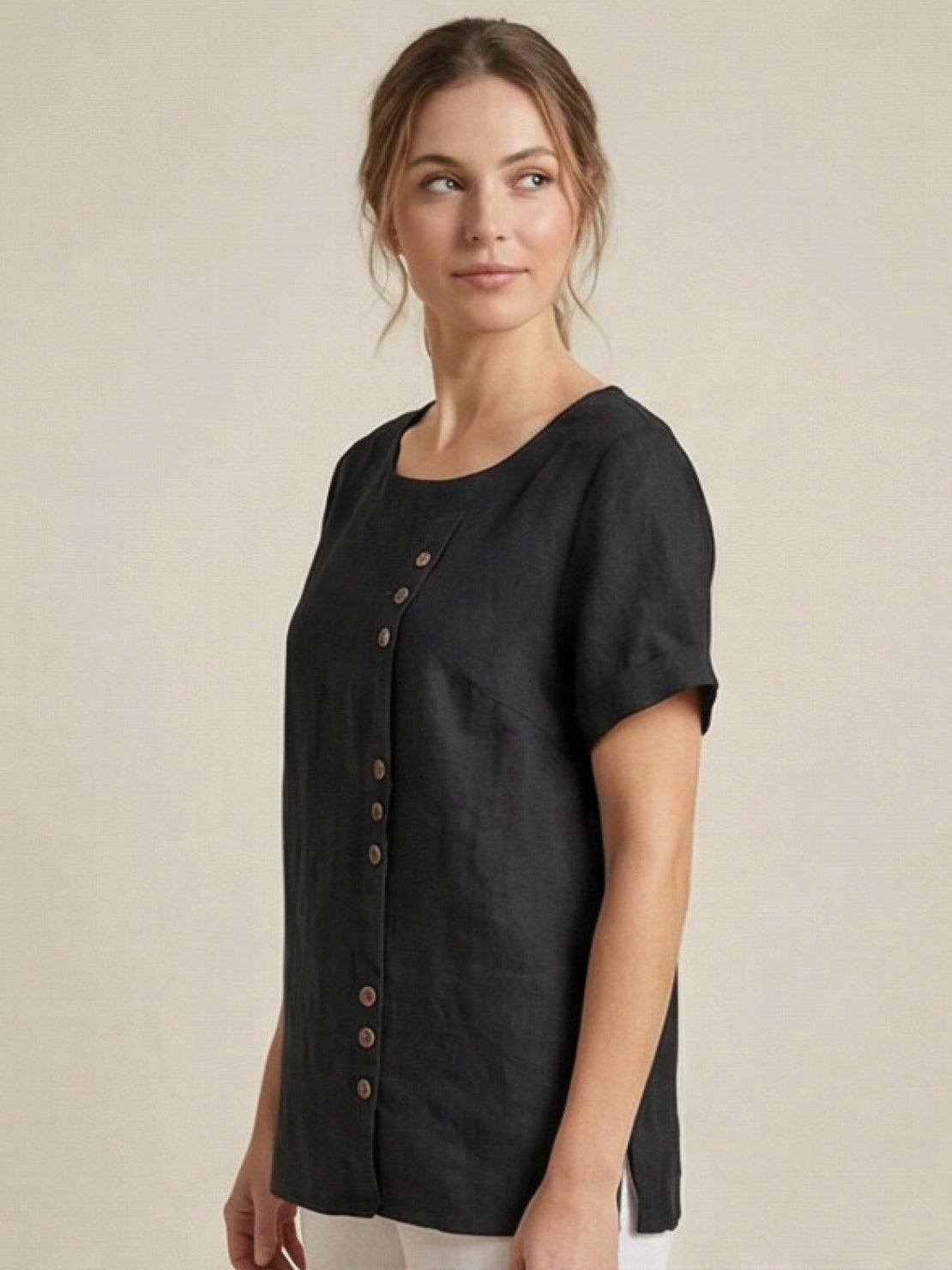 Women’s Linen Round Neck Button Blouse