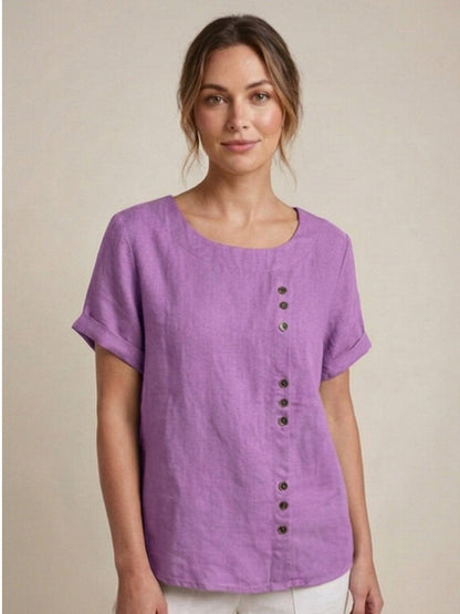 Women’s Linen Round Neck Button Blouse