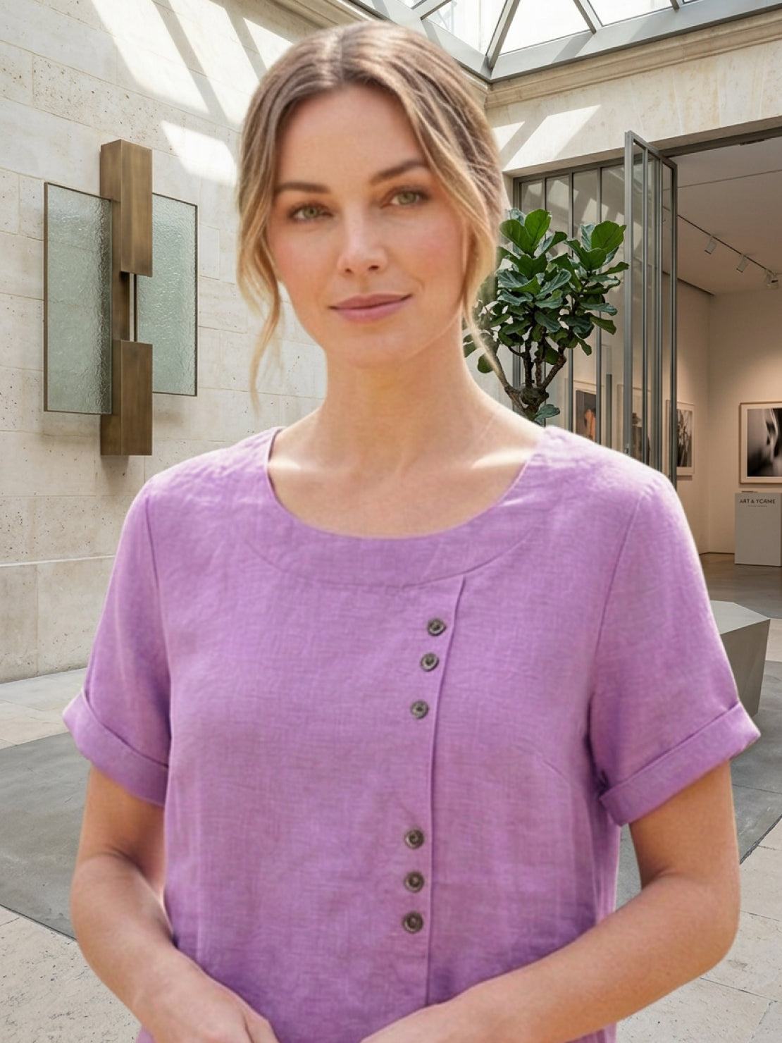 Women’s Linen Round Neck Button Blouse