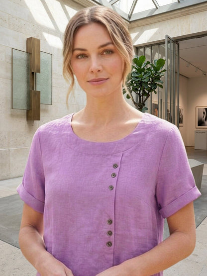 Women’s Linen Round Neck Button Blouse