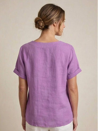 Women’s Linen Round Neck Button Blouse