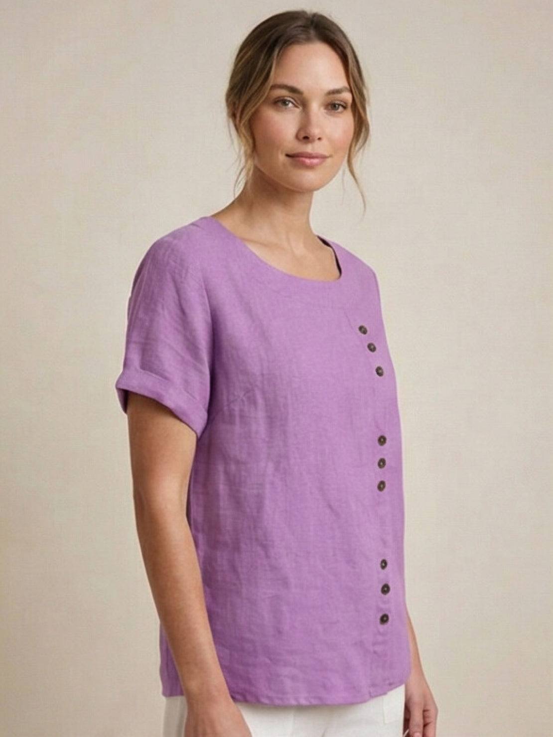 Women’s Linen Round Neck Button Blouse