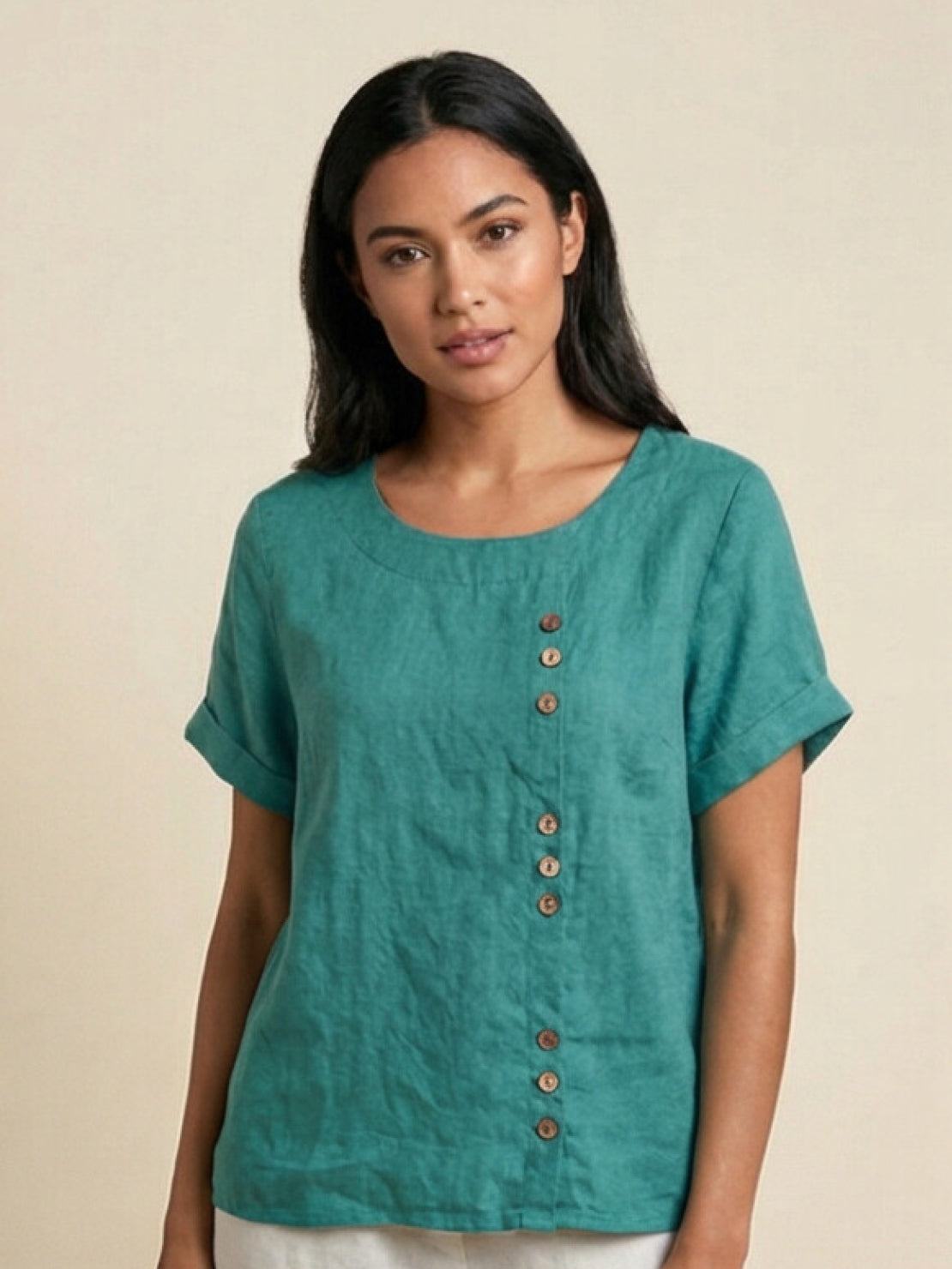Women’s Linen Round Neck Button Blouse