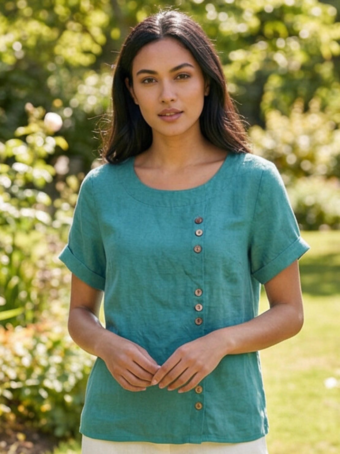 Women’s Linen Round Neck Button Blouse