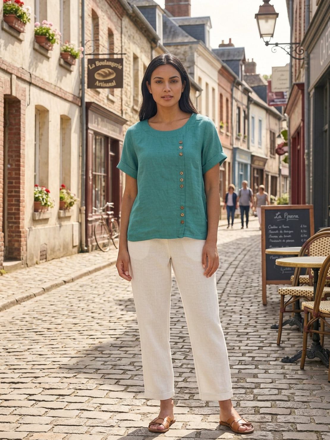 Women’s Linen Round Neck Button Blouse