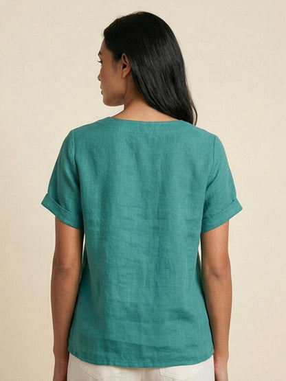 Women’s Linen Round Neck Button Blouse