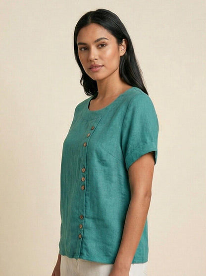 Women’s Linen Round Neck Button Blouse