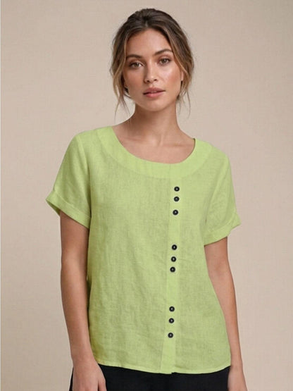 Women’s Linen Round Neck Button Blouse