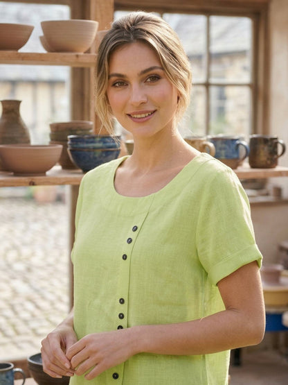 Women’s Linen Round Neck Button Blouse