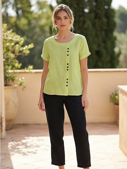 Women’s Linen Round Neck Button Blouse