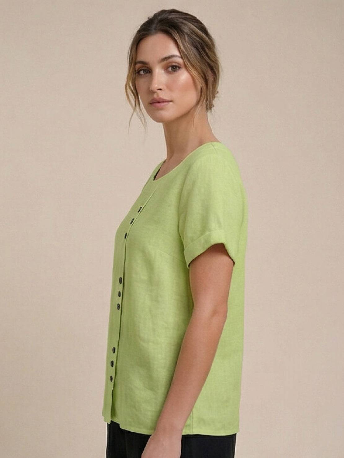 Women’s Linen Round Neck Button Blouse