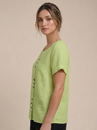 Women’s Linen Round Neck Button Blouse