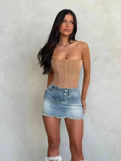 Women's Suede Strapless Corset Top