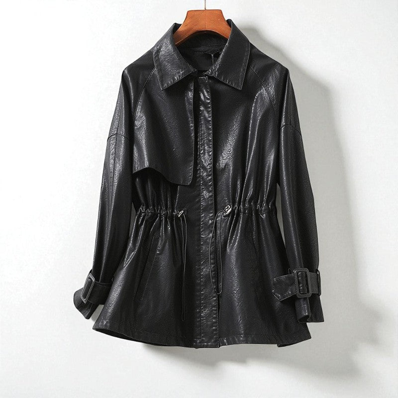 Women's Drawstring Waist Leather Jacket