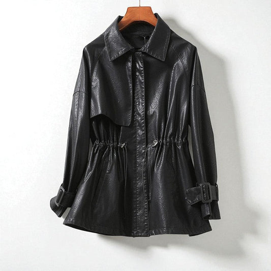 Women's Drawstring Waist Leather Jacket