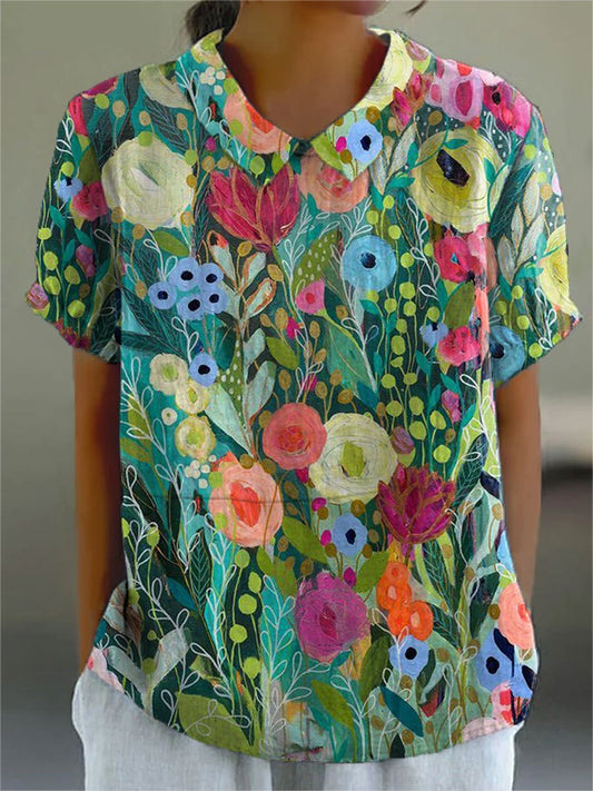 Women's Watercolour Floral V-Neck Blouse