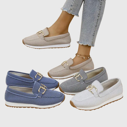Women's Gold Buckle Textured Loafers