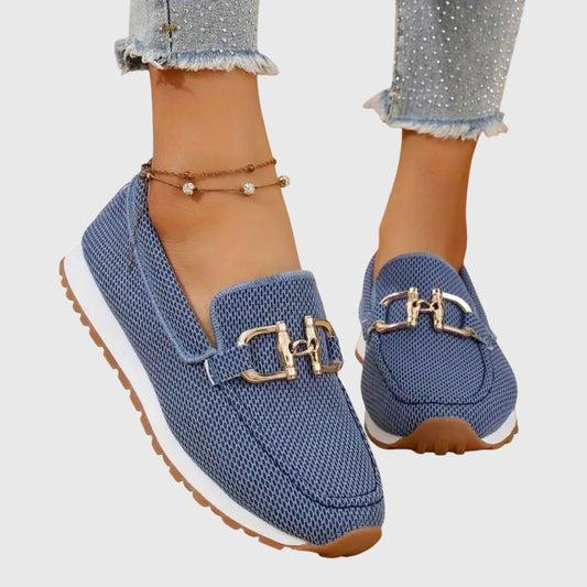 Women's Gold Buckle Textured Loafers