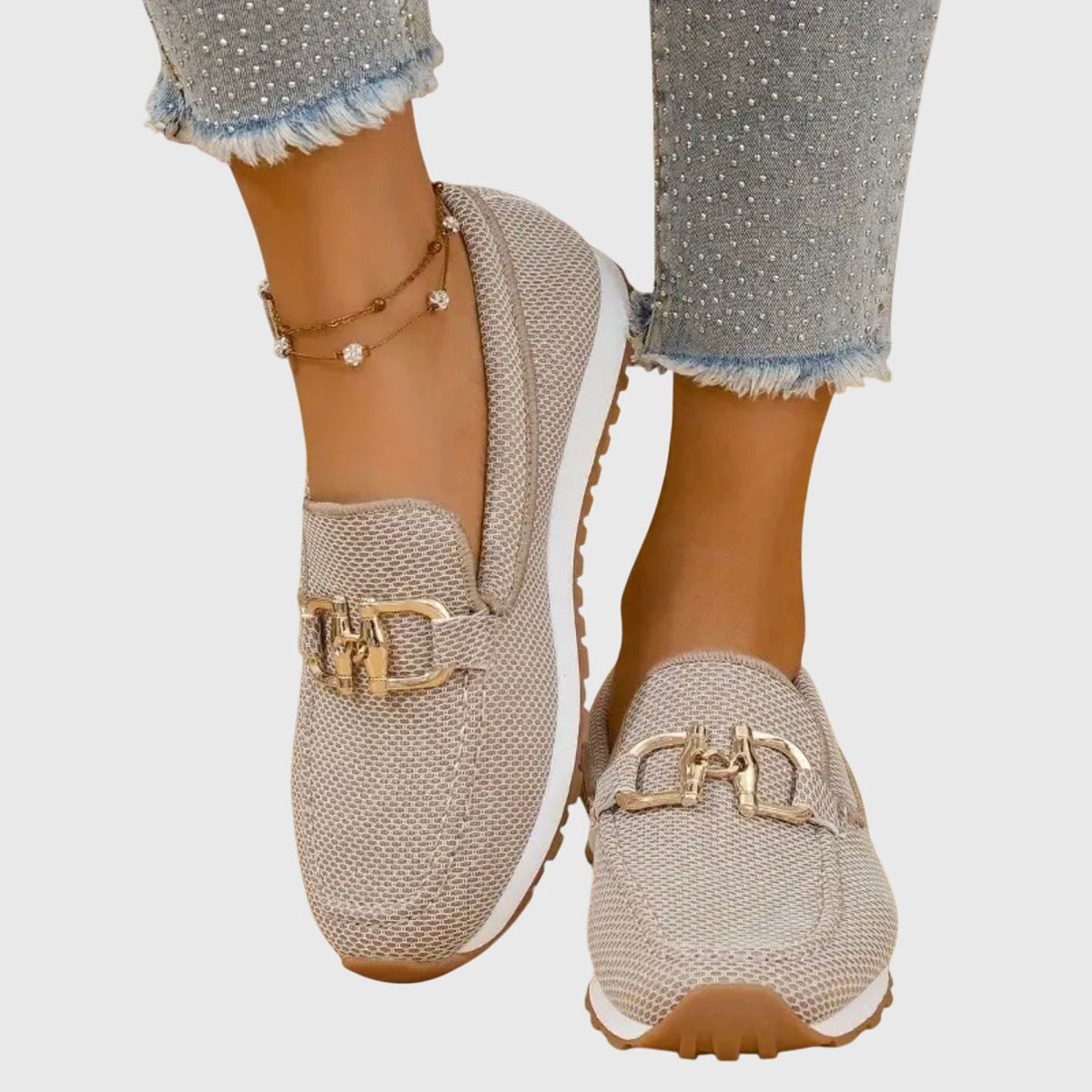 Women's Gold Buckle Textured Loafers
