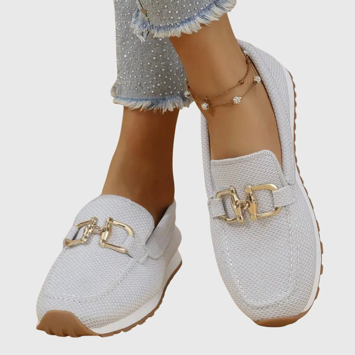 Women's Gold Buckle Textured Loafers