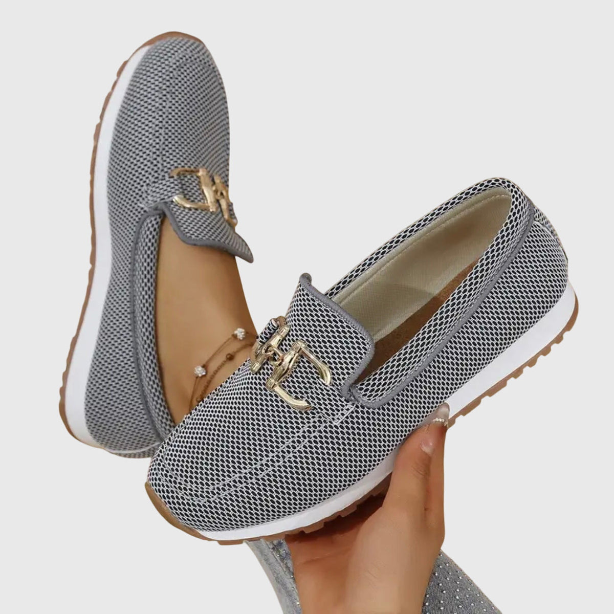 Women's Gold Buckle Textured Loafers