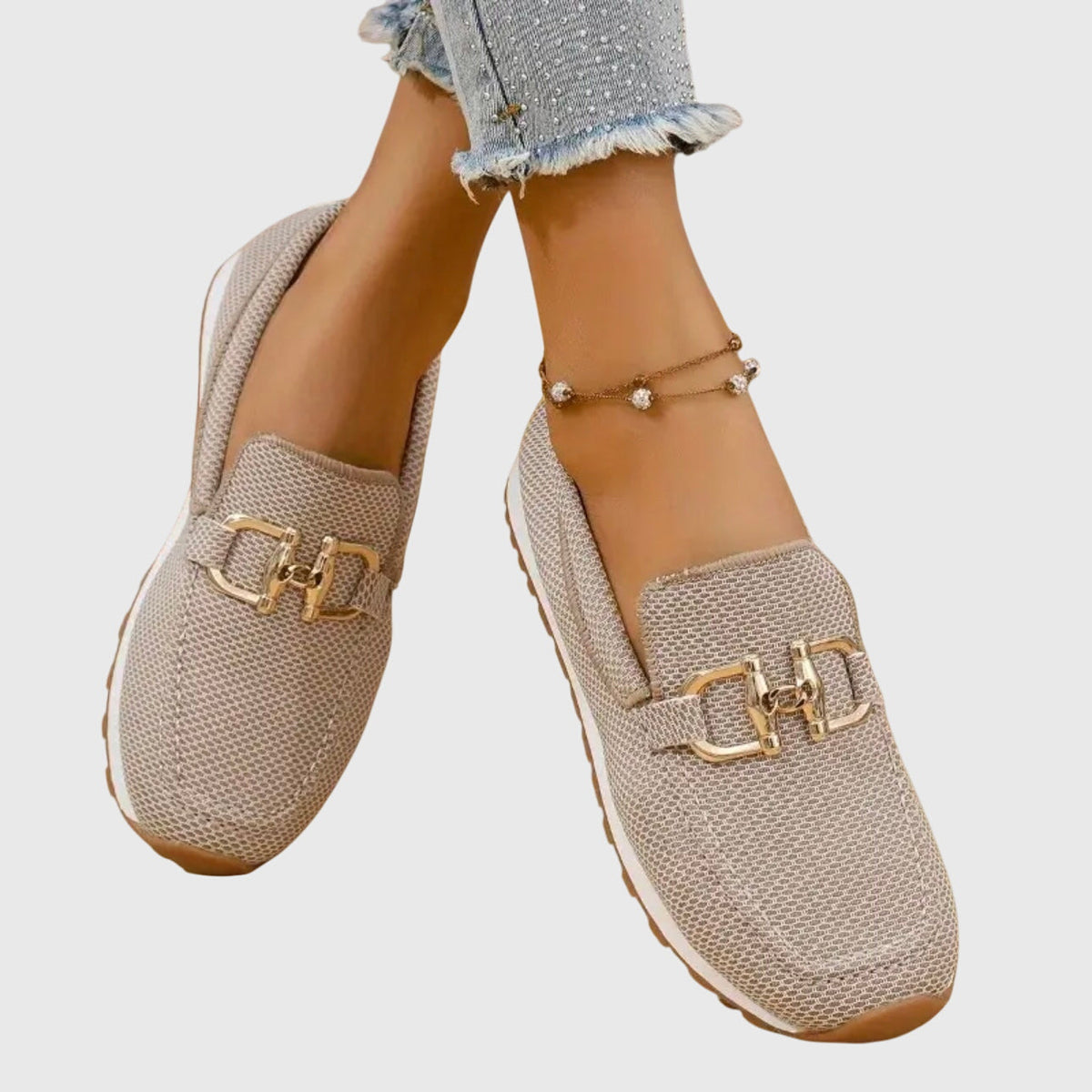 Women's Gold Buckle Textured Loafers