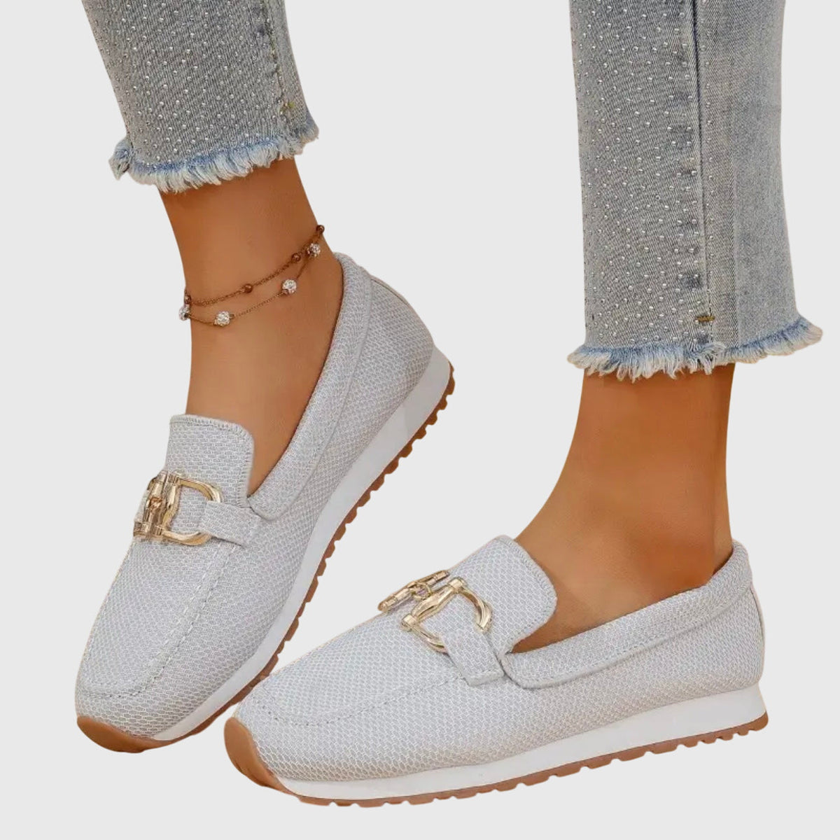 Women's Gold Buckle Textured Loafers