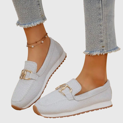 Women's Gold Buckle Textured Loafers