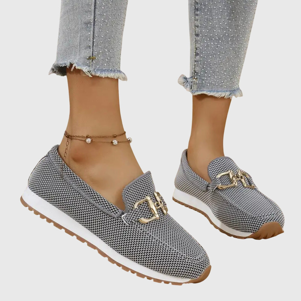 Women's Gold Buckle Textured Loafers