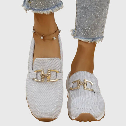 Women's Gold Buckle Textured Loafers