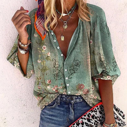 Women's Boho Floral V-Neck Blouse