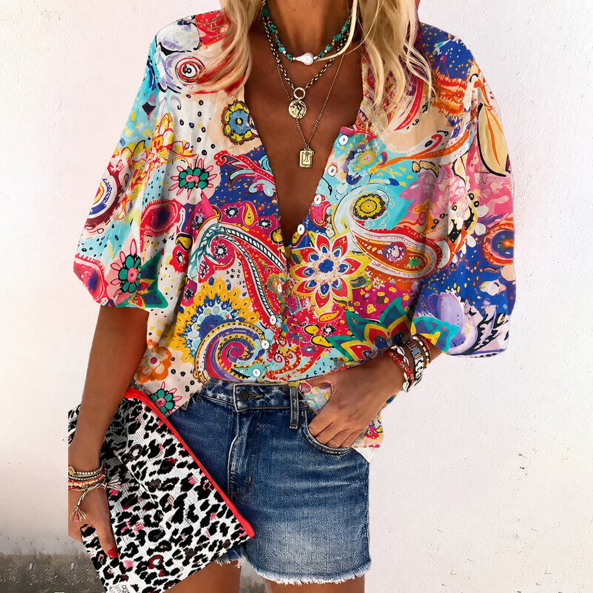 Women's Boho Floral V-Neck Blouse