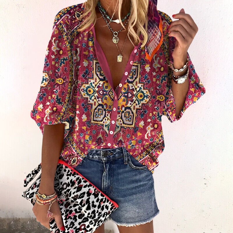 Women's Boho Floral V-Neck Blouse