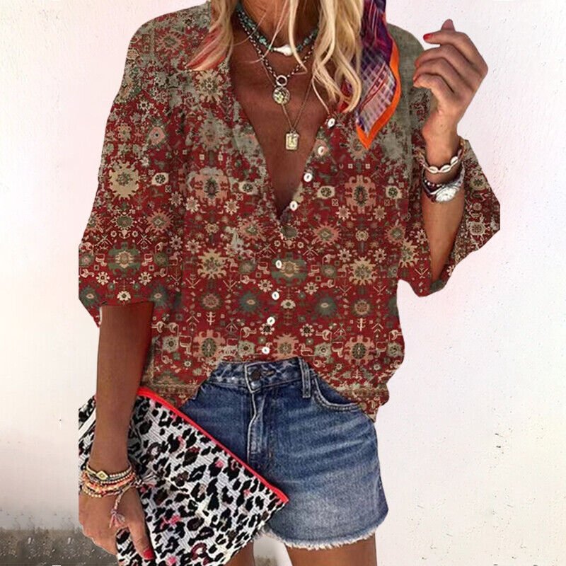 Women's Boho Floral V-Neck Blouse