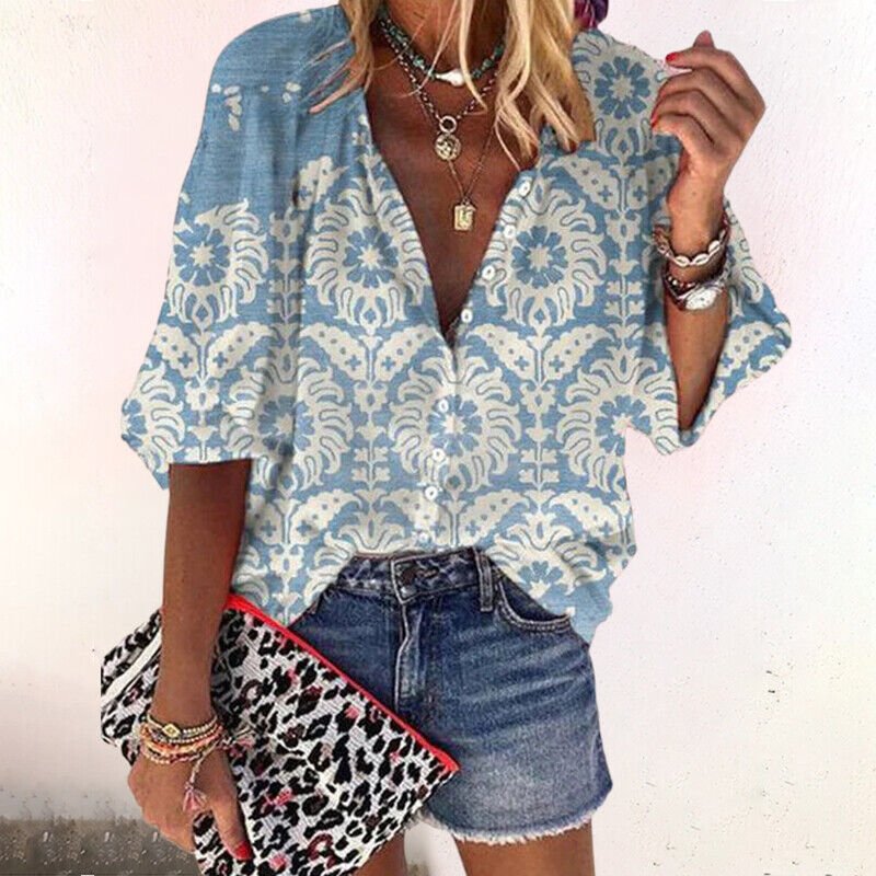 Women's Boho Floral V-Neck Blouse