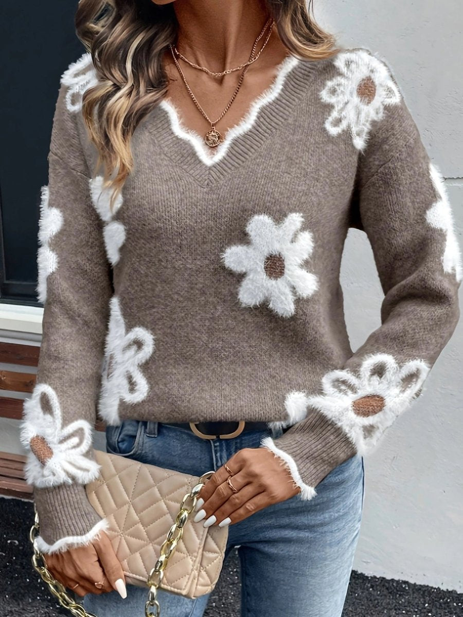 Women's Daisy Print V-Neck Jumper