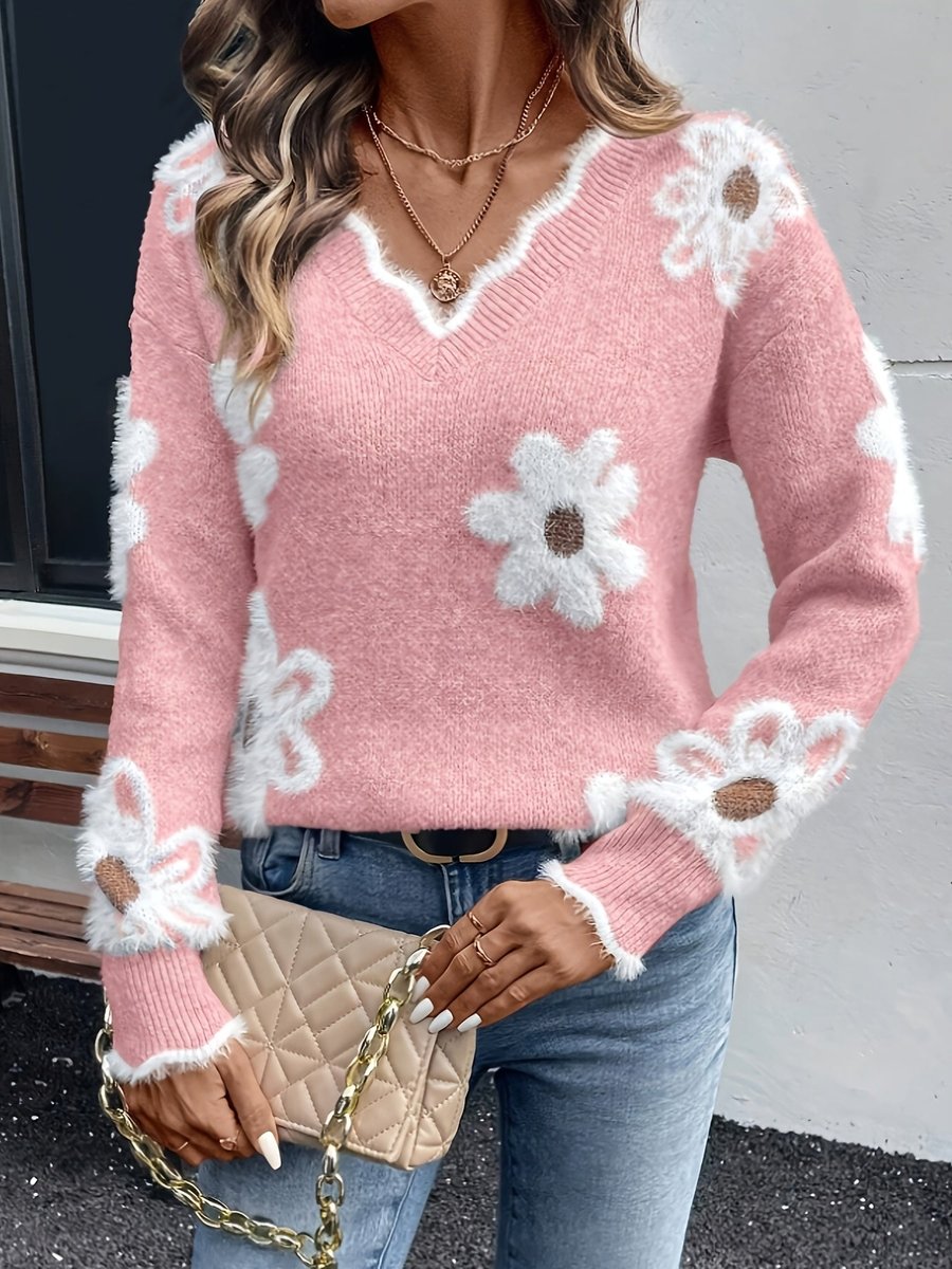 Women's Daisy Print V-Neck Jumper