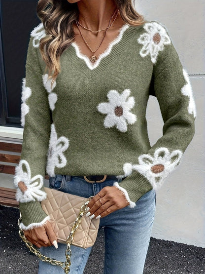 Women's Daisy Print V-Neck Jumper