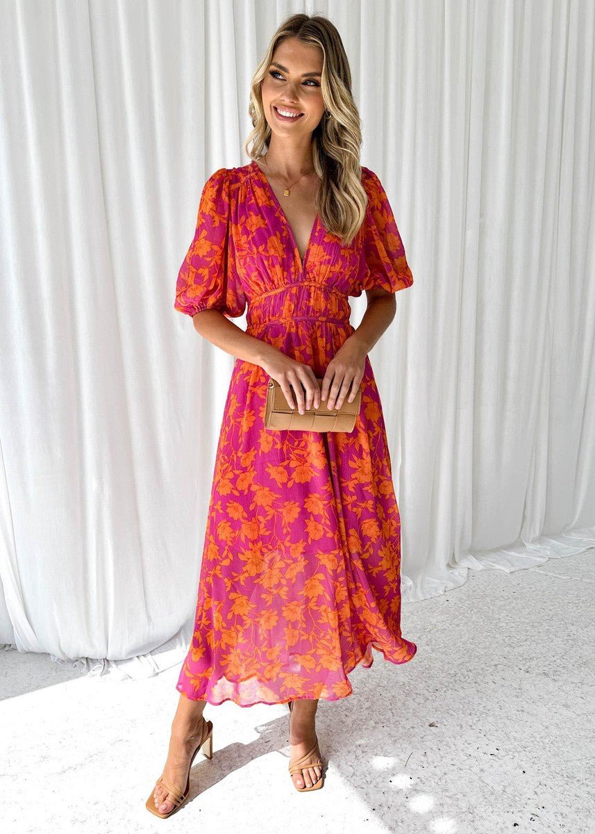 Women's Linen V-Neck Floral Dress