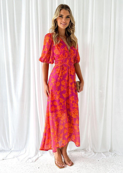 Women's Linen V-Neck Floral Dress