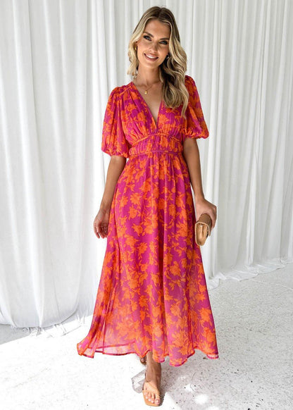 Women's Linen V-Neck Floral Dress