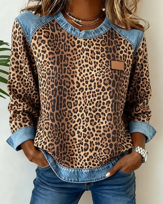 Women's Leopard Print Denim Sweater