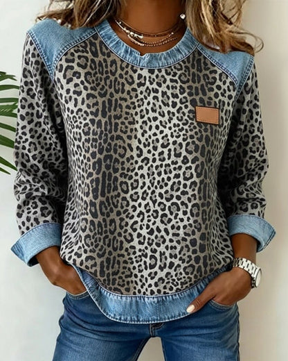 Women's Leopard Print Denim Sweater