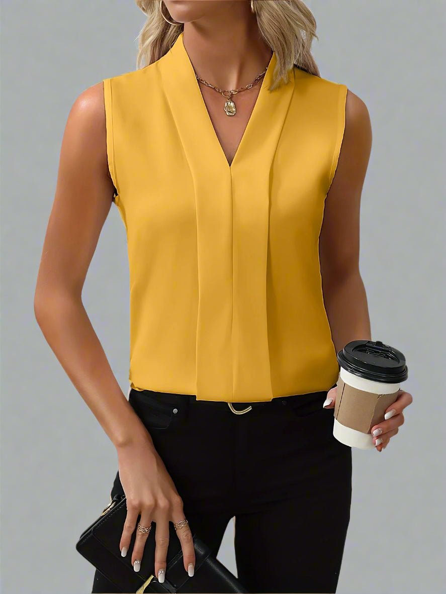 Women's Sleeveless Pleated V-Neck Top