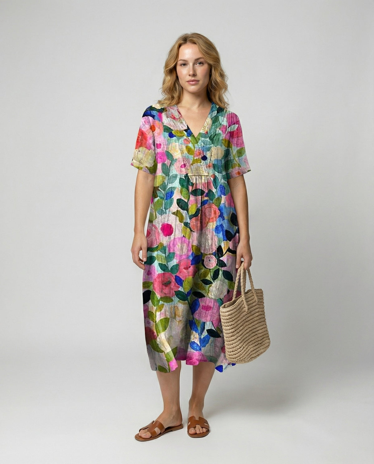 Women's Floral Linen V-Neck Dress