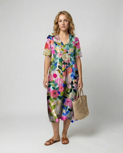 Women's Floral Linen V-Neck Dress