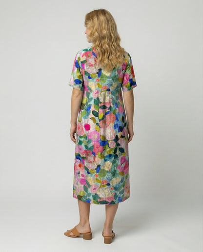 Women's Floral Linen V-Neck Dress