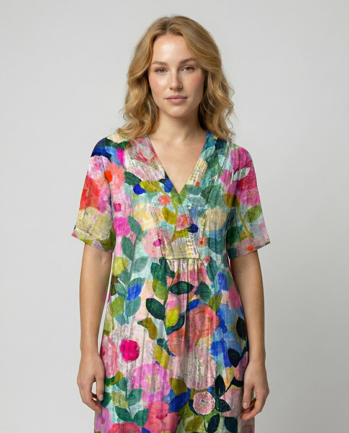 Women's Floral Linen V-Neck Dress